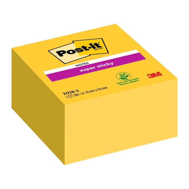 Cubo di 350 foglietti adesivi riposizionabili Post-It Super Sticky - 76x76 mm - 100% PEFC - Colore giallo