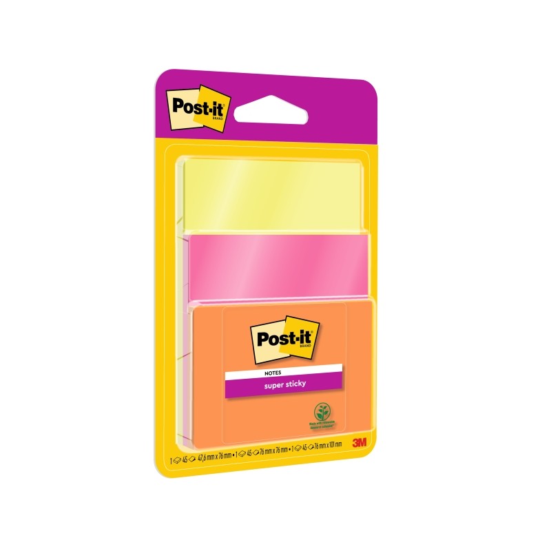 Post-It Super Sticky confezione da 3 pezzi da 45 foglietti adesivi riposizionabili - Forma quadrata - Colori assortiti