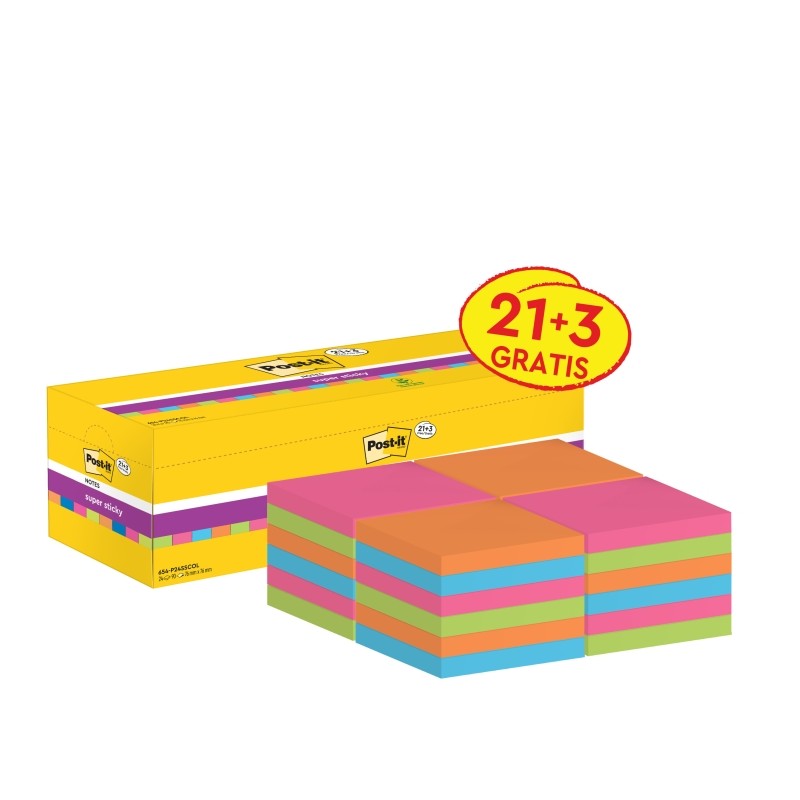 Post-It Super Sticky Confezione da 24 blocchetti di 90 note adesive riposizionabili - 76x76mm - Promocion 21 blocchi + 3
