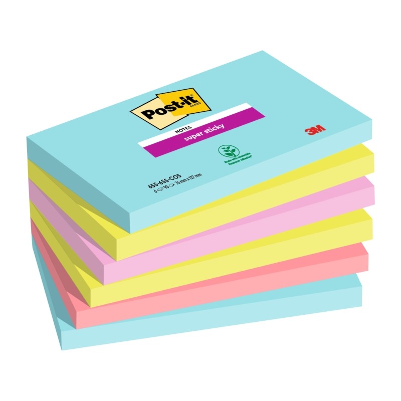 Post-It Super Sticky confezione da 6 pezzi da 90 foglietti adesivi riposizionabili - Forma rettangolare - Colori assorti