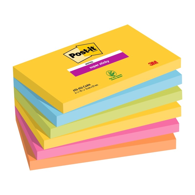 Post-It Super Sticky confezione da 6 pezzi da 90 foglietti adesivi riposizionabili - Forma rettangolare - Colori assorti
