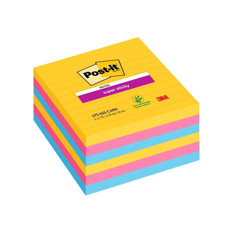 Post-It Super Sticky confezione da 6 pezzi da 90 foglietti adesivi riposizionabili - Forma quadrata - 101x101 mm - Color