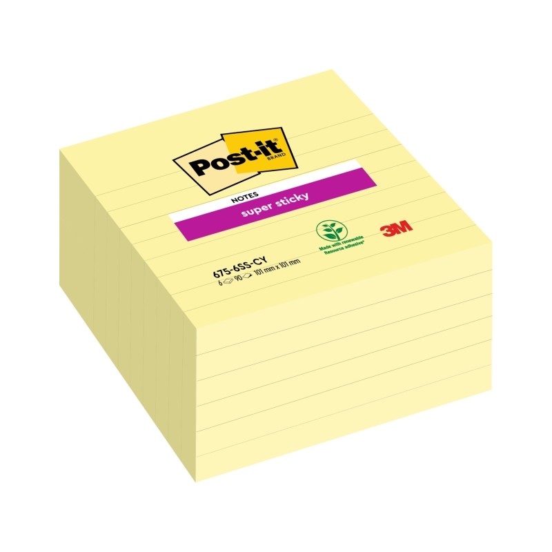 Post-It Super Sticky confezione da 6 di 90 blocchetti adesivi riposizionabili di grandi dimensioni - 101x101 mm - giallo