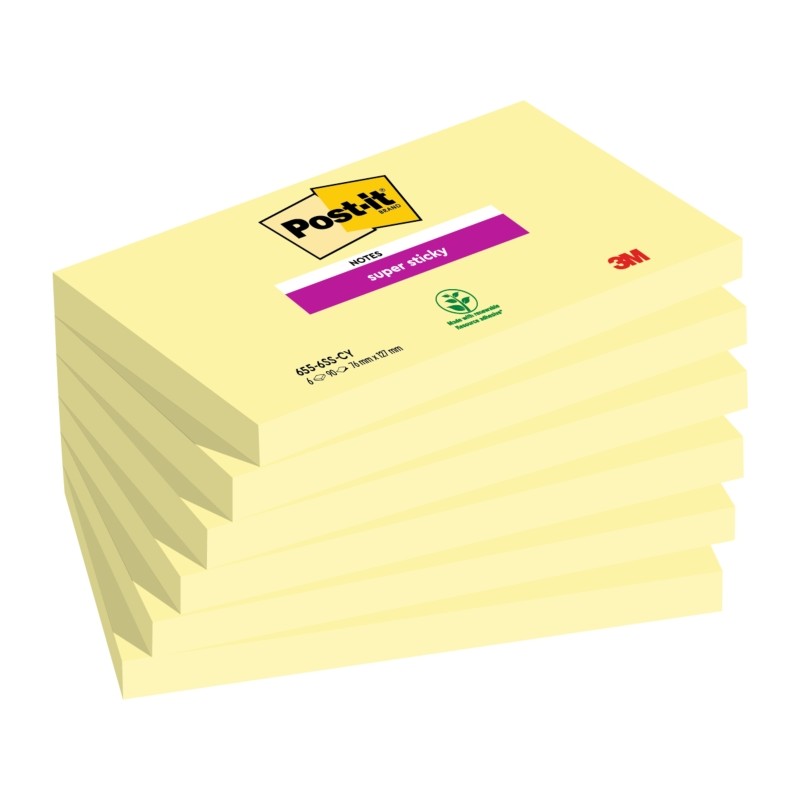 Post-It Super Sticky confezione da 6 pezzi da 90 foglietti adesivi riposizionabili - Forma rettangolare - Colore giallo 