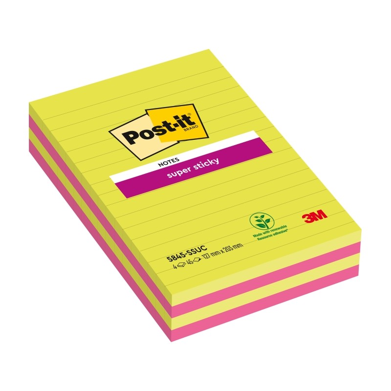 Post-It Super Sticky confezione da 4 pezzi da 45 foglietti adesivi riposizionabili grandi - con linee - 100% PEFC - Colo