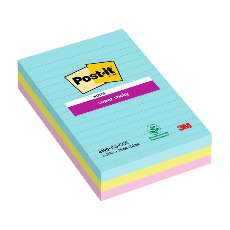Post-It Super Sticky confezione da 3 pezzi da 90 foglietti adesivi riposizionabili - Forma rettangolare - 101x152 mm - C