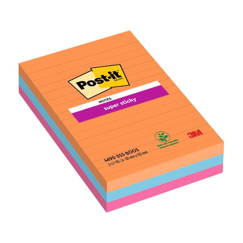 Post-It Super Sticky confezione da 3 pezzi da 90 foglietti adesivi riposizionabili - Forma rettangolare - 101x101 mm - C