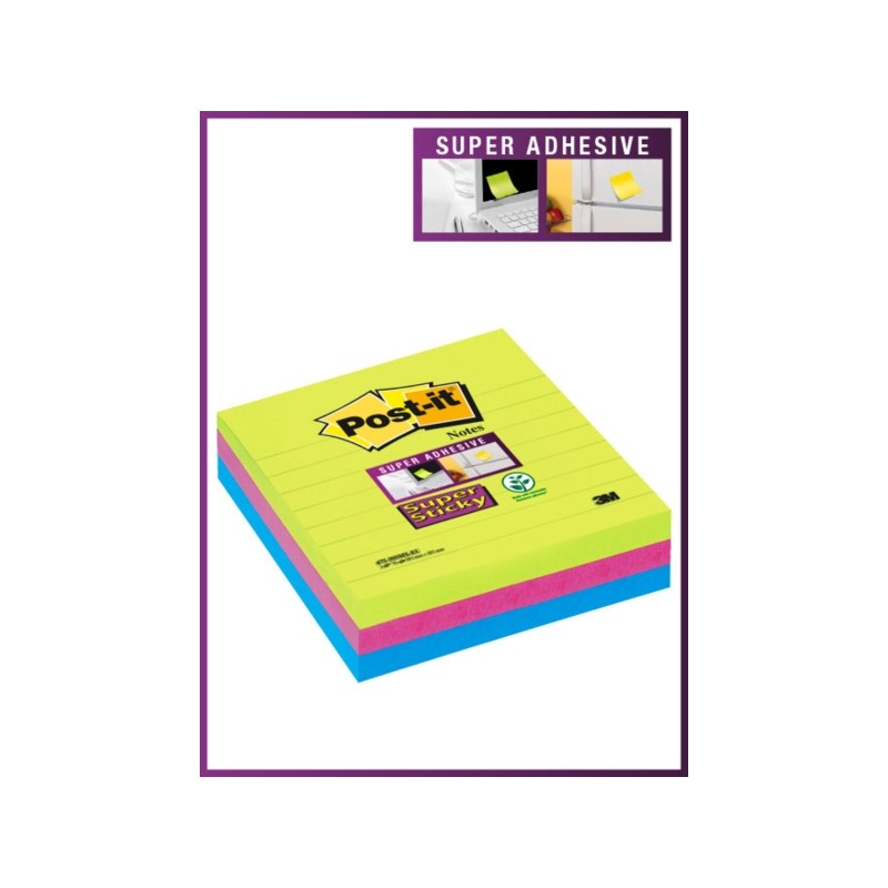 Post-It Super Sticky confezione da 3 pezzi da 70 foglietti adesivi riposizionabili - 101x101 mm - 100% PEFC - Colori ass
