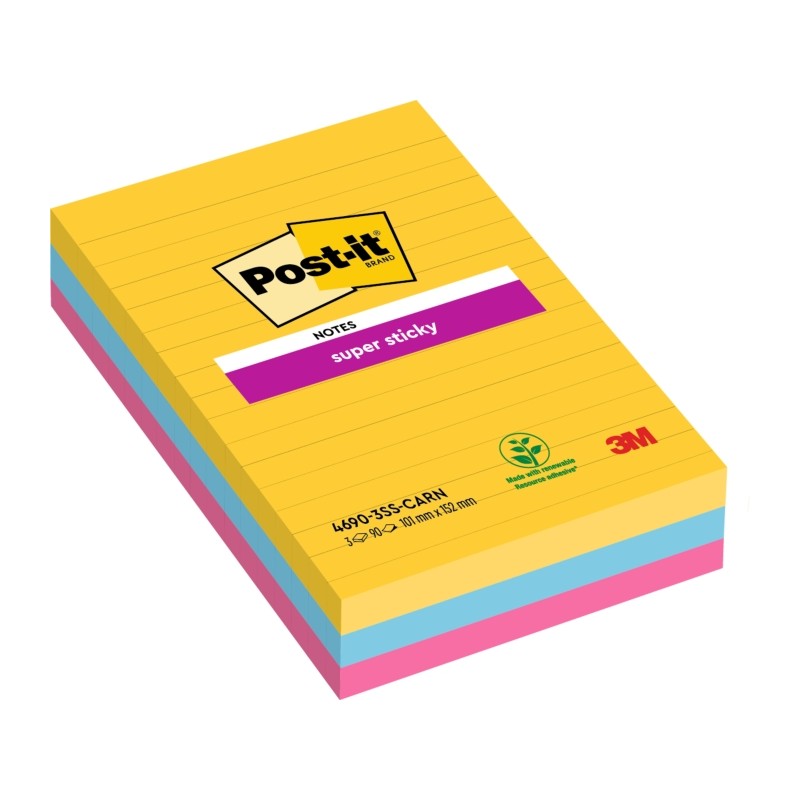 Post-It Super Sticky confezione da 3 pezzi da 90 foglietti adesivi riposizionabili - Forma rettangolare - 101x152 mm - C