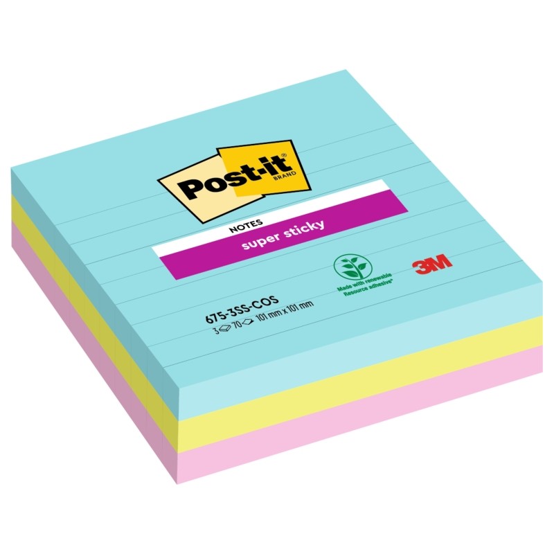 Post-It Super Sticky confezione da 3 pezzi da 70 foglietti adesivi riposizionabili - Forma quadrata - 101x101 mm - Color