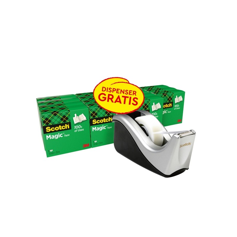 Scotch Magic Confezione da 16 nastri adesivi - 19 mm x 33 m - Promozione dispenser gratuita - Colore nero/grigio