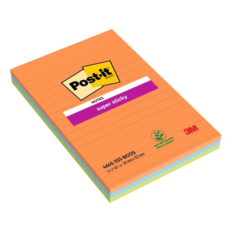 Post-It Super Sticky confezione da 3 pezzi da 45 foglietti adesivi riposizionabili - Forma rettangolare - 101x152 mm - C