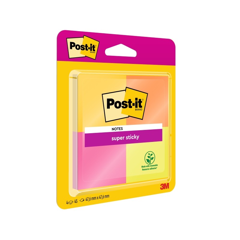 Post-It Super Sticky confezione da 4 pezzi da 45 foglietti adesivi riposizionabili - 47.6x47.6 mm - 100% PEFC - Colori a