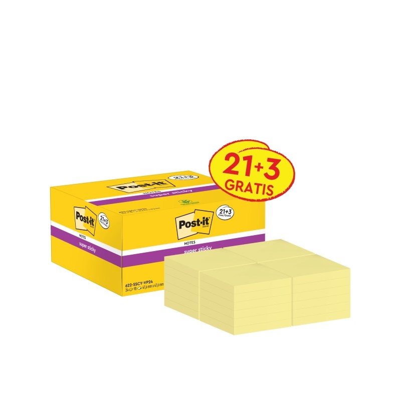 Post-It Super Sticky Confezione da 24 blocchetti di 90 foglietti adesivi riposizionabili - 47.6x47.6 mm - Promozione 21 