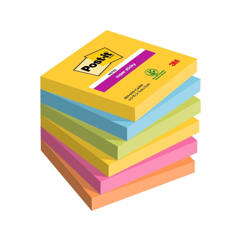 Post-It Super Sticky confezione da 6 pezzi da 90 foglietti adesivi riposizionabili - Forma quadrata - 76x76 mm - Colori 