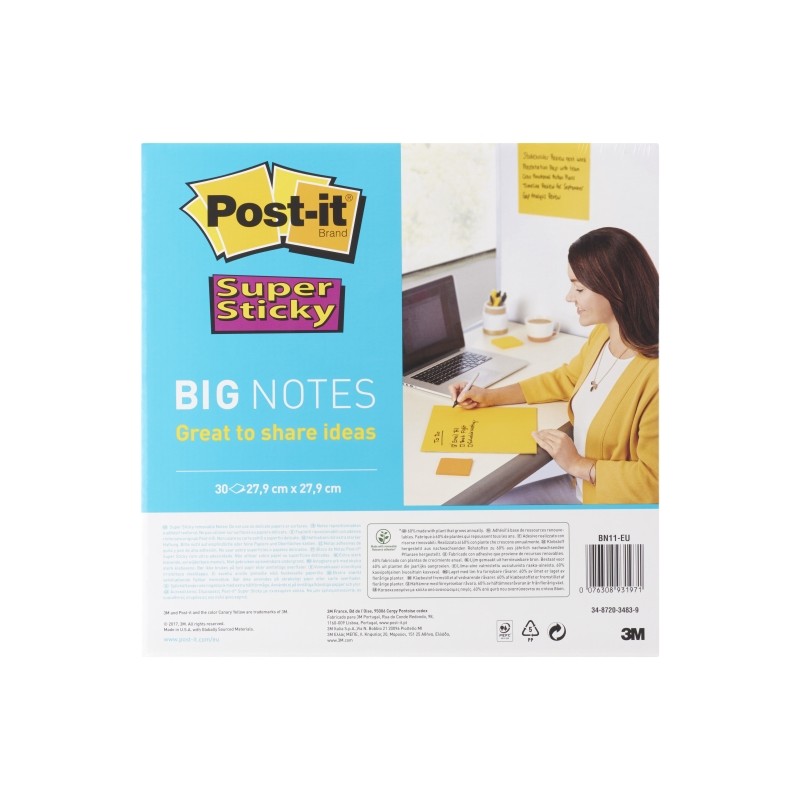 Post-It Super Sticky Pad di 30 note adesive riposizionabili - Forma quadrata - 279x279mm - Colore giallo chiaro