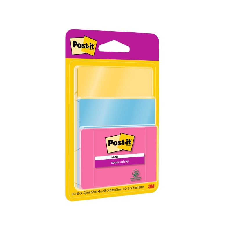 Post-It Super Sticky confezione da 3 pezzi da 45 foglietti adesivi riposizionabili - Forma - Colori assortiti