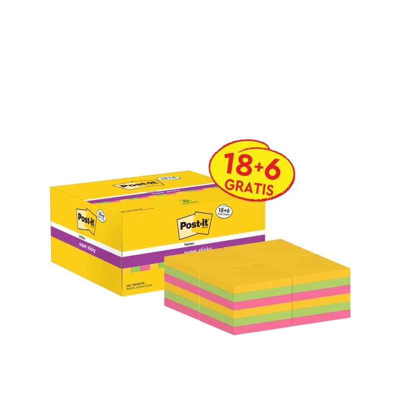 Post-It Super Sticky Confezione da 24 blocchetti di 90 foglietti adesivi riposizionabili - 47.6x47.6 mm - Promocion 18 b