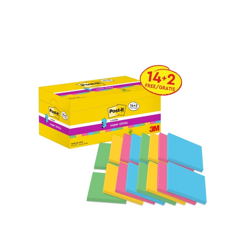Post-It Super Sticky Confezione da 16 blocchetti di 90 foglietti adesivi riposizionabili - Forma quadrata - 76x76 mm - Z