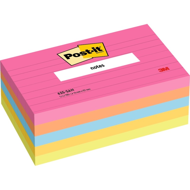 Blocchetti Post-It da 100 foglietti adesivi riposizionabili - con linee - 76x127 mm - 100% PEFC - Colori assortiti