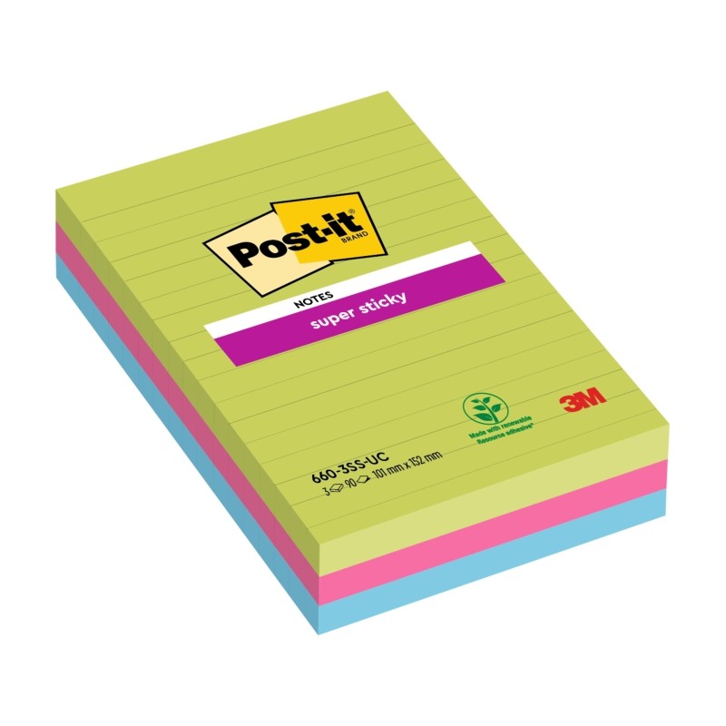 Post-It Super Sticky confezione da 3 pezzi da 90 foglietti adesivi riposizionabili di grandi dimensioni - con linee - 10