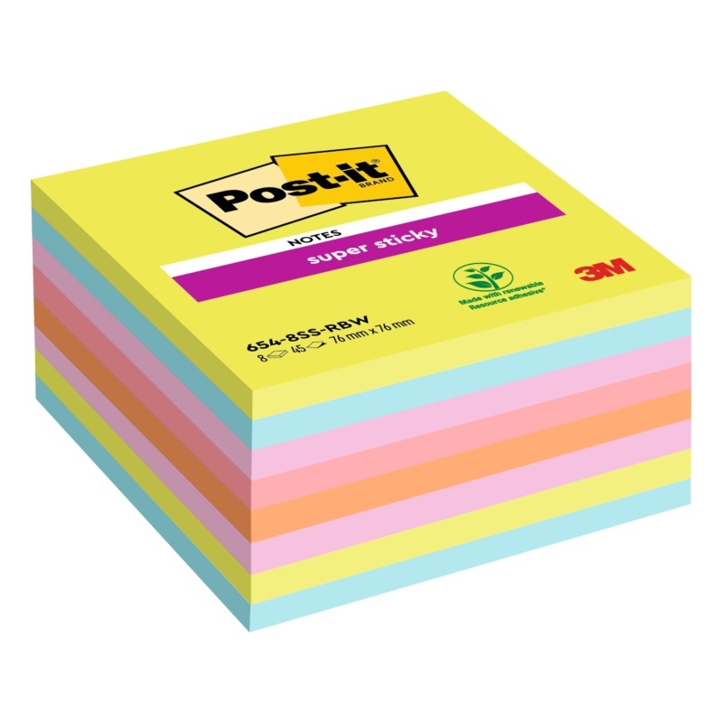Post-It Super Sticky Confezione da 8 blocchetti di 45 foglietti adesivi riposizionabili - 76x76 mm - 100% PEFC - Colori 