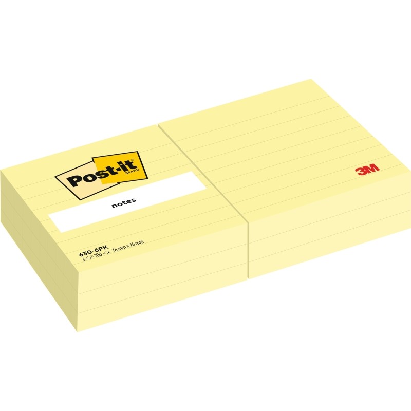 Blocchetti Post-It 6 confezioni da 100 foglietti - con linee - 76x76 mm - 100% PEFC - Colore giallo chiaro