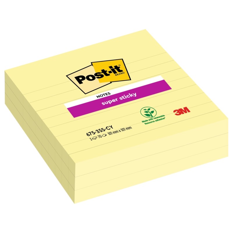 Post-It Super Sticky 3-Pack di 70 note adesive riposizionabili grandi - 101x101mm - Giallo chiaro