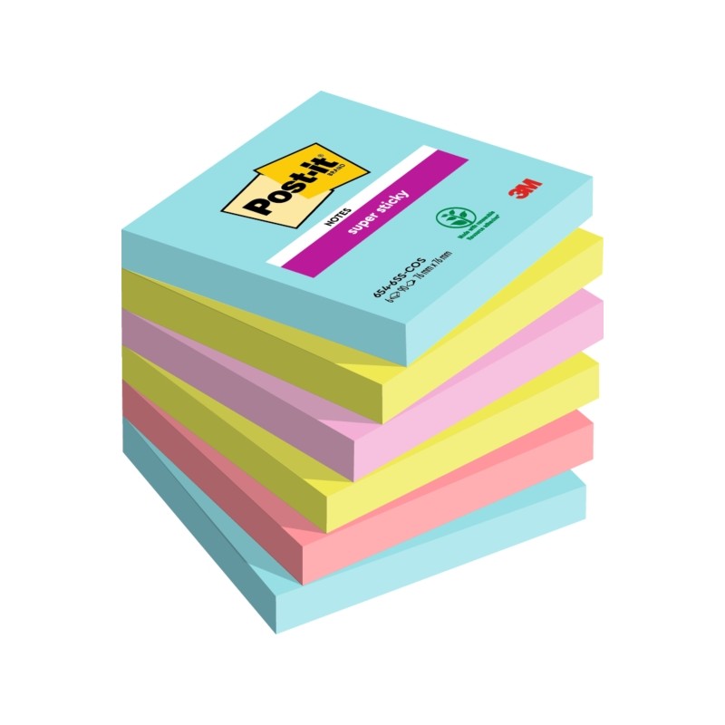 Post-It Super Sticky confezione da 6 pezzi da 90 foglietti adesivi riposizionabili - Forma quadrata - 76x76 mm - Colori 