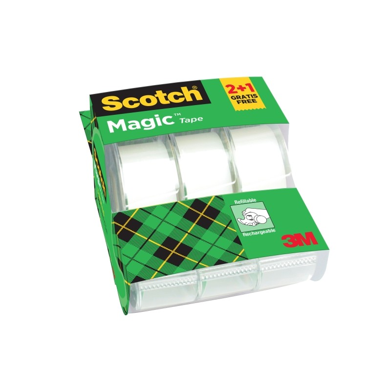 Scotch Magic Confezione da 3 nastri adesivi invisibili - 19 mm x 7.5 m - Promozione 2 + 1 gratis - Dispenser incluso - C