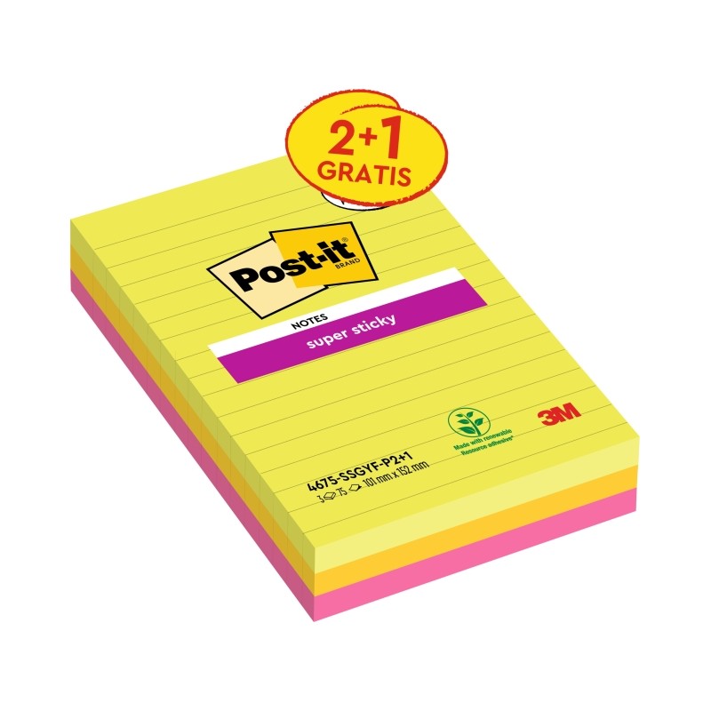 Post-It Super Sticky confezione da 3 pezzi da 75 foglietti adesivi riposizionabili - Forma rettangolare - 101x152 mm - C