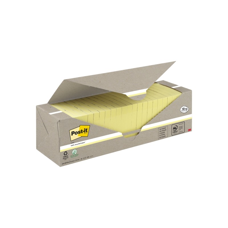 Block notes Post-It - Confezione da 24 foglietti adesivi riciclati - Forma quadrata - 76x76 mm - Colore giallo chiaro