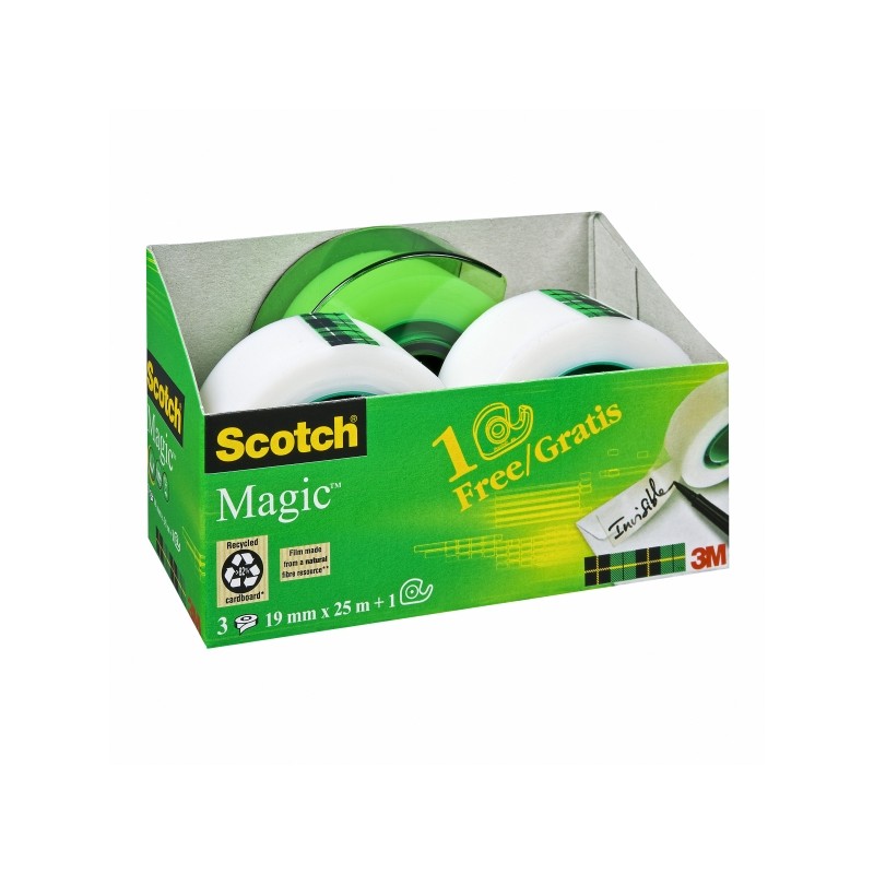 Scotch Magic 3 Confezioni da 3 Nastri adesivi invisibili - 19 mm x 25 m - Dispenser gratuito - Colore trasparente