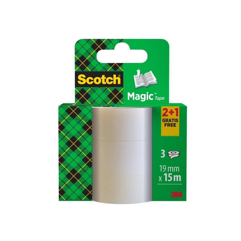 Scotch Magic Confezione da 3 nastri adesivi invisibili - 19mm x 15m - Promozione 2 unità + 1 in omaggio - Colore Traspa