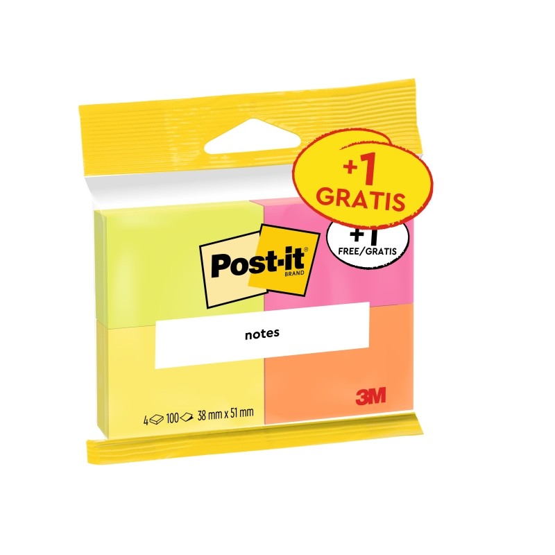 Confezione da 4 blocchetti di 100 foglietti adesivi riposizionabili Post-It - Colori neon - 38x51 mm - Promocion 3 blocc