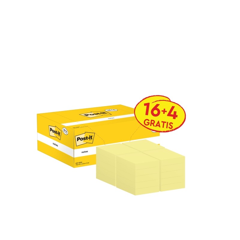 Confezione da 20 blocchetti di 100 foglietti adesivi riposizionabili Post-It - Forma rettangolare - 38x51 mm - Colore gi