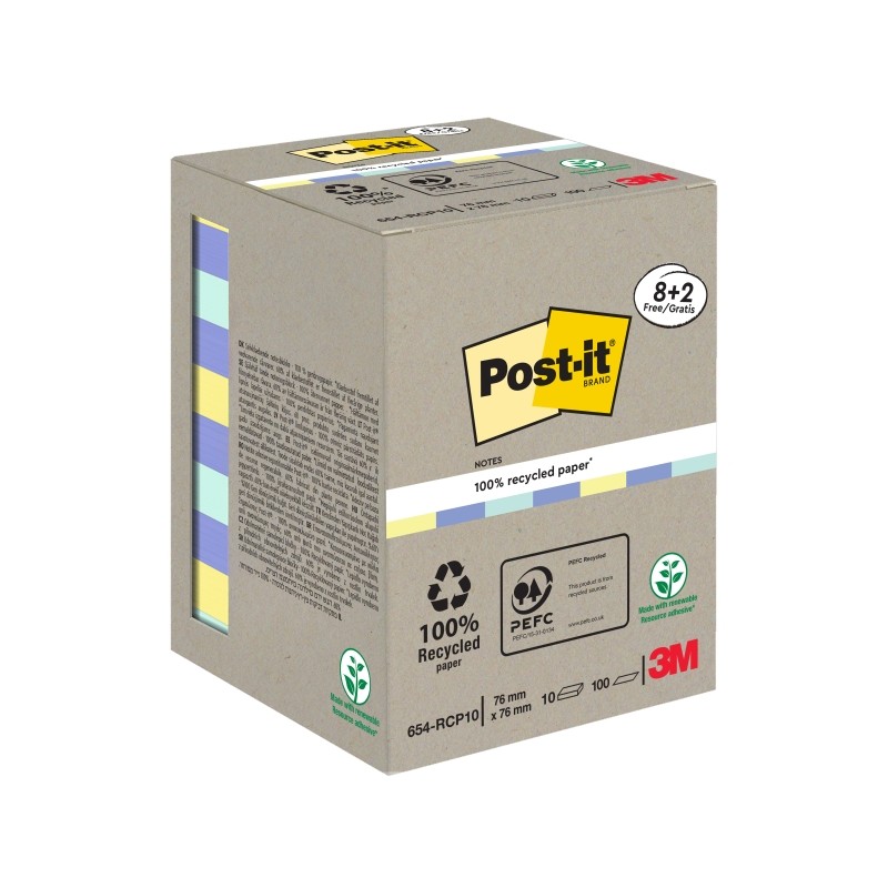 Block notes Post-It da 100 foglietti adesivi riciclati - Forma quadrata - 76x76 mm - Colori assortiti