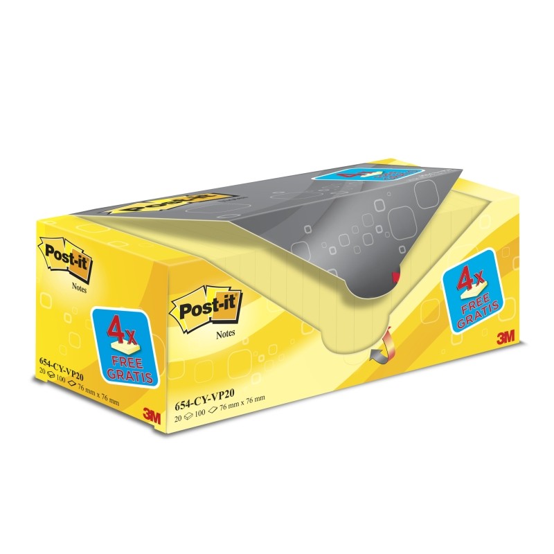 Confezione da 20 blocchetti di 100 foglietti adesivi riposizionabili Post-It - Forma quadrata - 76x76mm - Colore: giallo