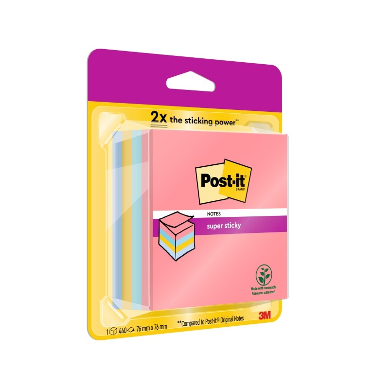 Cubo di 400 foglietti adesivi riposizionabili Post-It Super Sticky - Colori arcobaleno - 76x76 mm - Colori assortiti