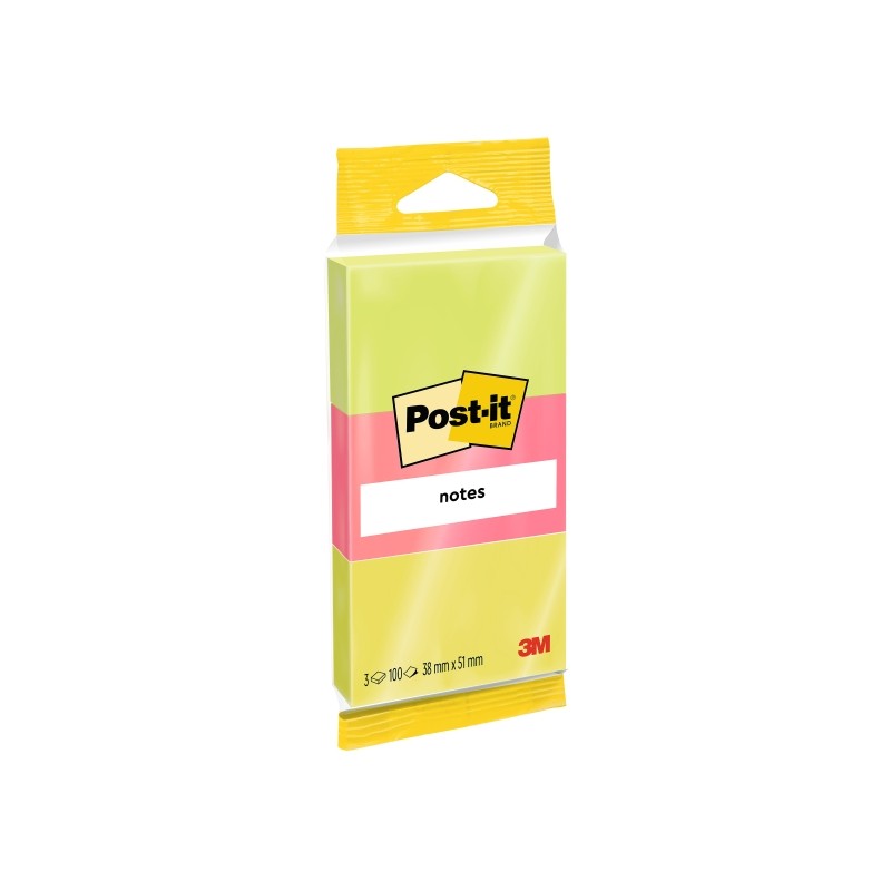 Post-It Pad 3 confezioni da 100 foglietti adesivi riposizionabili - Forma rettangolare - 38x51 mm - Colori assortiti