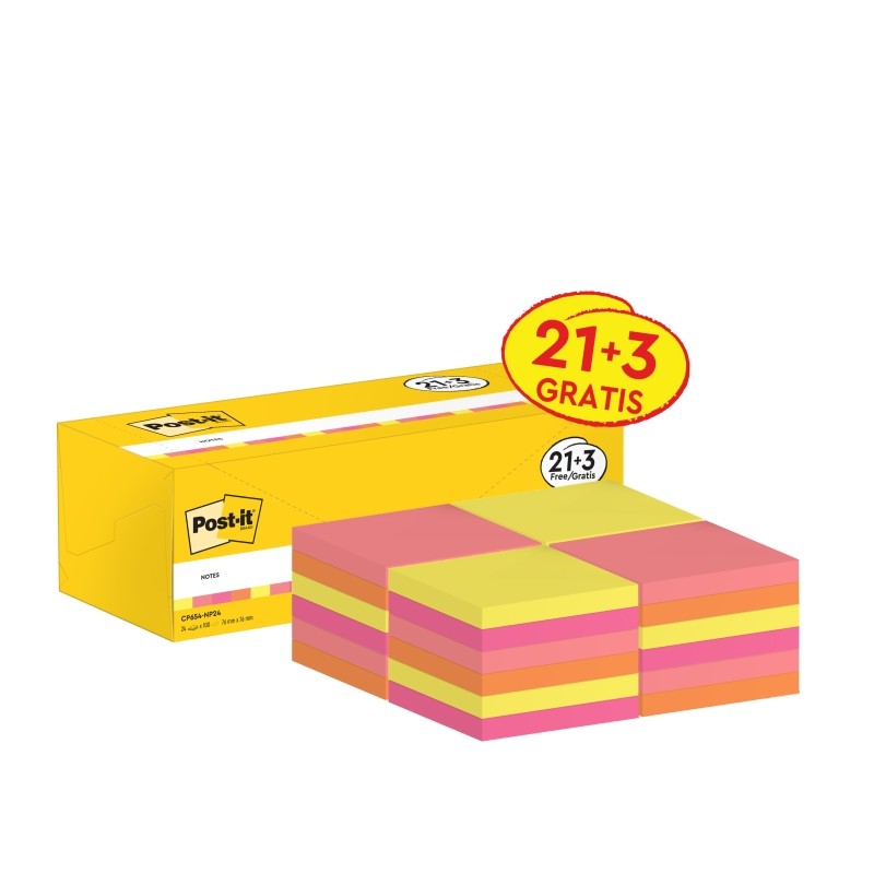 Post-It Pads Confezione da 24 x 100 foglietti adesivi riposizionabili - Forma quadrata - 76x76 mm - Colori assortiti