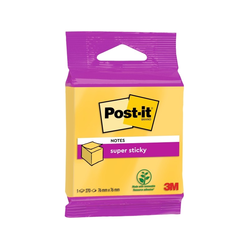 Cubo di 270 foglietti adesivi riposizionabili Post-It Super Sticky - Forma quadrata - 76x76 mm - Colore giallo