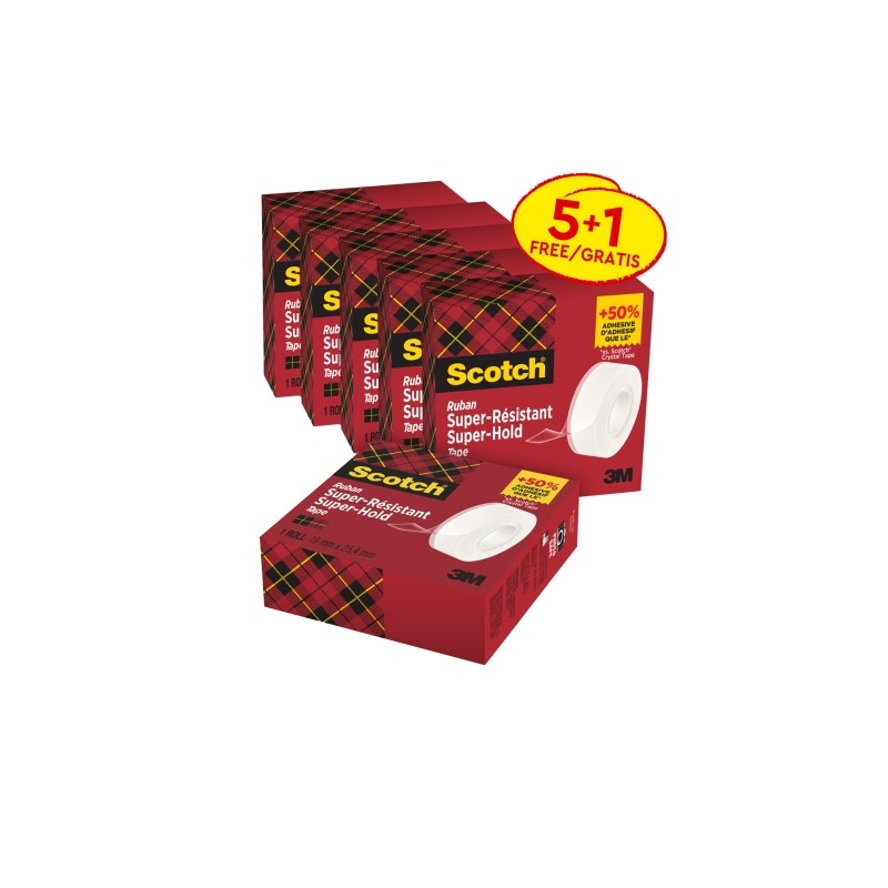 Nastri adesivi Scotch Super-Hold confezione da 6 - Extra Strong - 19 mm x 25.4 m - Promozione 5 + 1 gratuita - Colore tr