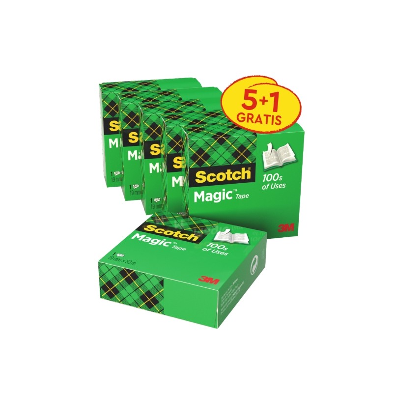 Scotch Magic 6 Confezioni da 6 nastri adesivi invisibili - 19 mm x 33 m - Promocion 5 + 1 Gratis - Colore trasparente