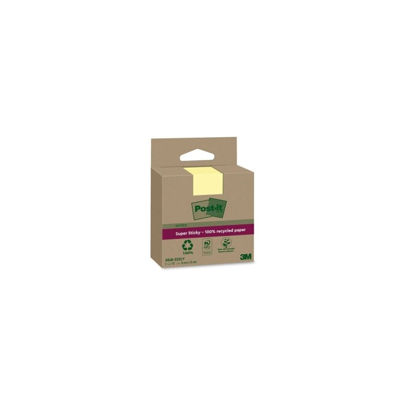 Post-It Super Sticky 3-Pack di 70 foglietti adesivi riciclati - Forma quadrata - 76x76 mm - Giallo chiaro