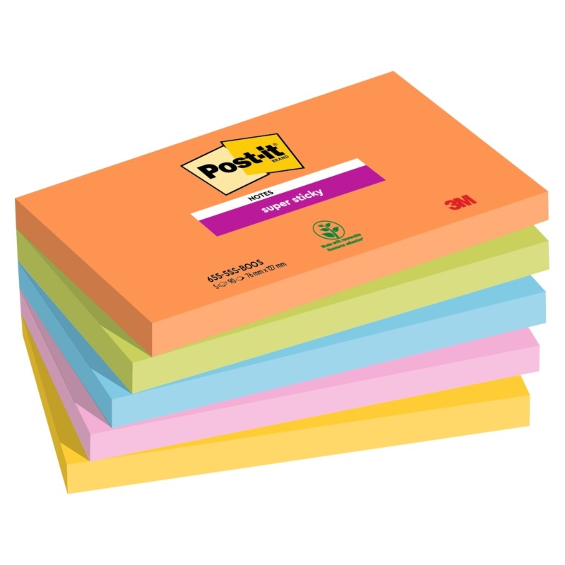 Post-It Super Sticky confezione da 5 pezzi da 90 foglietti adesivi riposizionabili - Forma rettangolare - 127x76 mm - Co