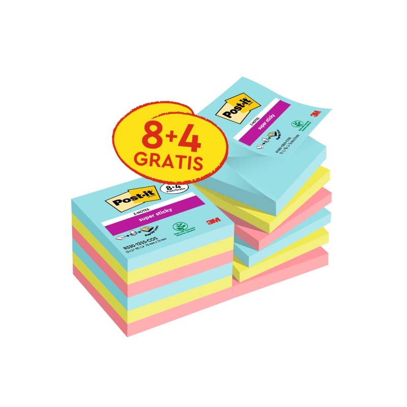 Post-It Super Sticky Confezione da 12 blocchetti di 90 Z-Notes adesivi riposizionabili - Collezione Cosmic - 76x76Â mm 