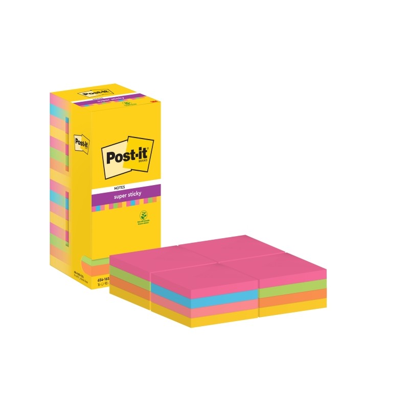 Post-It Super Sticky Confezione da 16 blocchetti di 90 foglietti adesivi riposizionabili - 76x76 mm - 100% PEFC - Colori