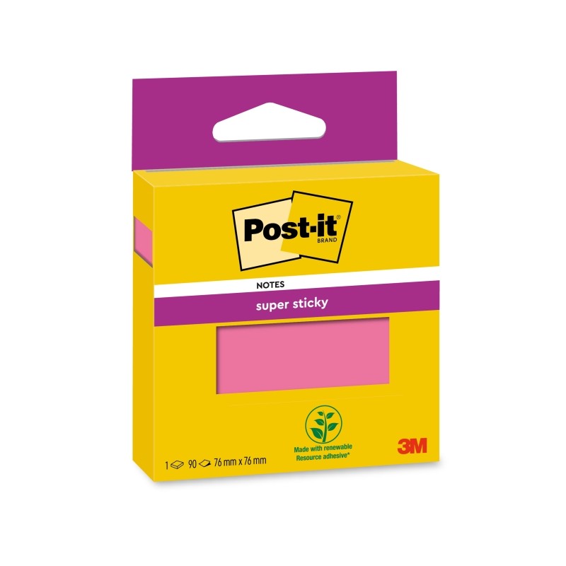 Post-It Super Sticky Pad di 90 note adesive riposizionabili - 76x76mm - 100% PEFC - Colore rosa