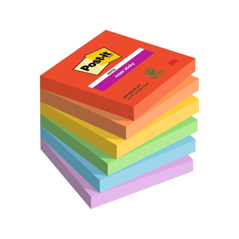 Post-It Super Sticky confezione da 6 pezzi da 90 foglietti adesivi riposizionabili - Forma quadrata - 76x76 mm - Colori 